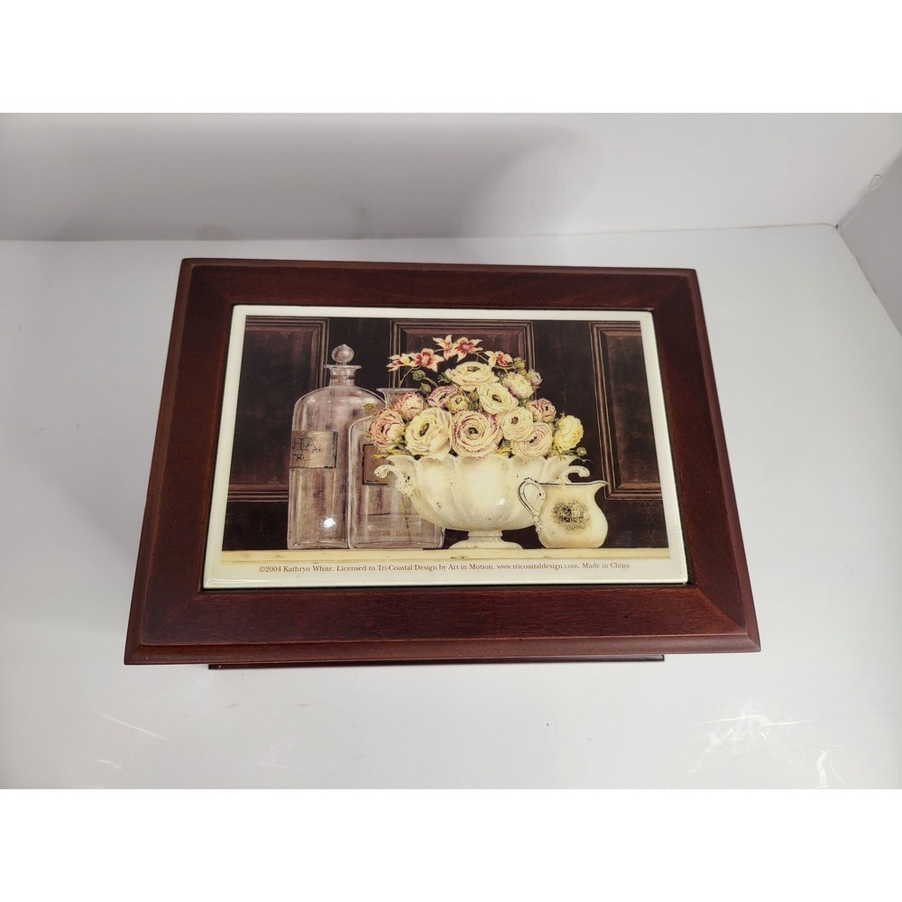 Tri-Coastal Design Kathryn White Floral Tile Wood Jewelry Box Vintage 2004